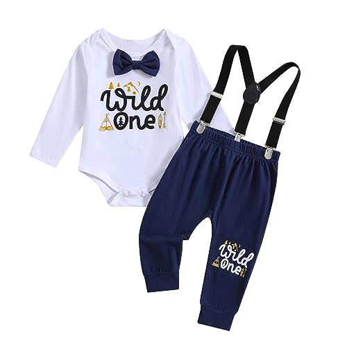 Qiraoxy Baby Junge 1. Geburtstag Outfits Fliege Strampler Hosenträger Hosen 3tlg Gentleman Kleidung Set Fotografie Requisiten Party Kleidung von Qiraoxy