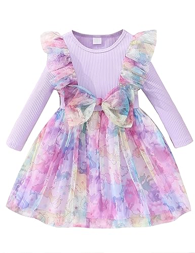 Qiraoxy Mädchen Kleider Tüll Prinzessin Kleid gerippt Lange Ärmel Rüsche Schleife Tüll Tutu Kleid Party Kleid Kleinkind Kinder Mädchen Kleidung Kleider 1-6 Jahre von Qiraoxy