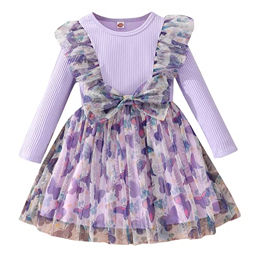 Qiraoxy Mädchen Kleider Tüll Prinzessin Kleid gerippt Lange Ärmel Rüsche Schleife Tüll Tutu Kleid Party Kleid Kleinkind Kinder Mädchen Kleidung Kleider 1-6 Jahre von Qiraoxy