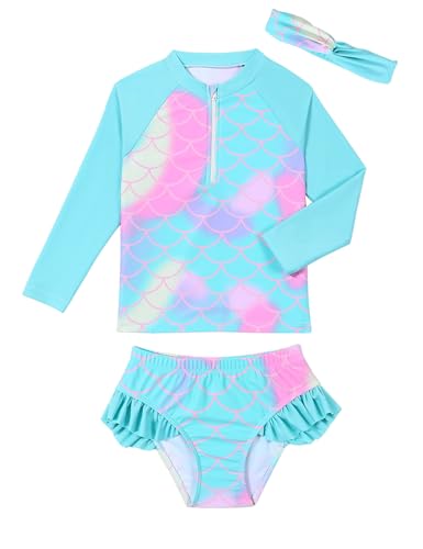 Qiraoxy Mädchen Zweiteiliger Badeanzug Langarm Bademode Stilvolle Set UV-Schutz Badeanzug Rashguard Badeshirt und Kurze Badewindelhose von Qiraoxy
