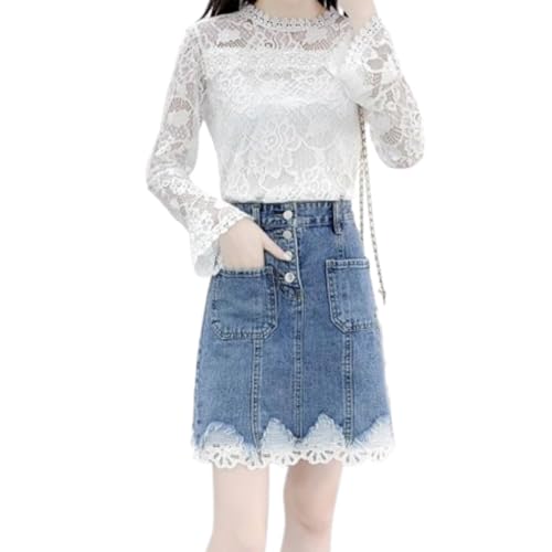 Frauen Denim Minirock Hoher Taille Spitze Saum Röcke Mode -Sommer -Jean -Rock mit Taschen von Qiribati