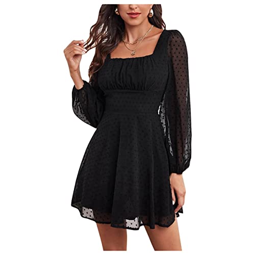 Frauen mit Hoher Taille Chiffon-Kleid-mesh Langarm Mini-Kleid Fließende Lässige A-Linie-Kleid von Qiribati