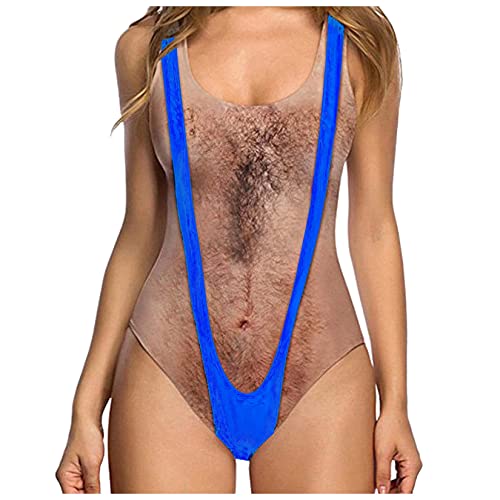 Qiribati Damen Badeanzug Mit 3D Fälschung Brusthaar Drucken Lustige Damenanzüge Bademode Swimsuit von Qiribati