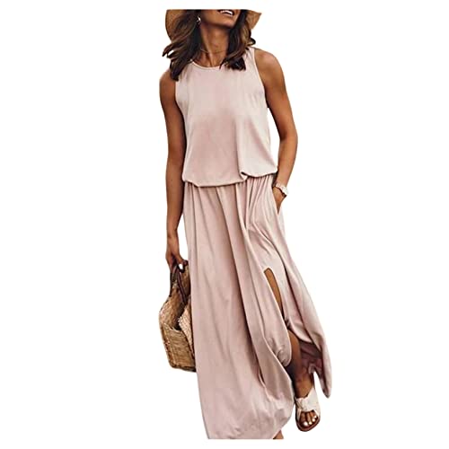 Qiribati Damenkleid Kleider Massiv Ärmellose Tankkleider Schlitz Langes Kleid Lässige Sommer -Strandkleider von Qiribati
