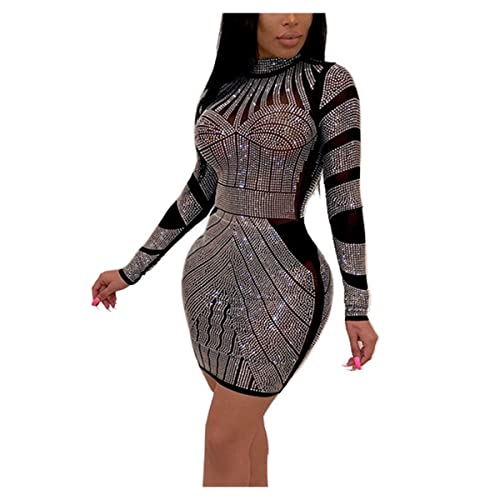 Qiribati Frauen Hüften-eingewickelte Bodycon-Kleid Langarm Mini Strasskleider Mesh Party Club Kleid von Qiribati