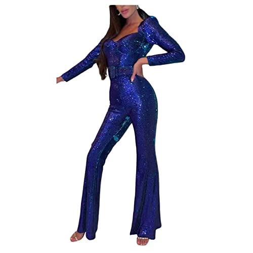 Qiribati Frauen Langschläfe Pailletten Jumpsuit Hochzeit Pant Suits Gürtel Strampler Insgesamt von Qiribati