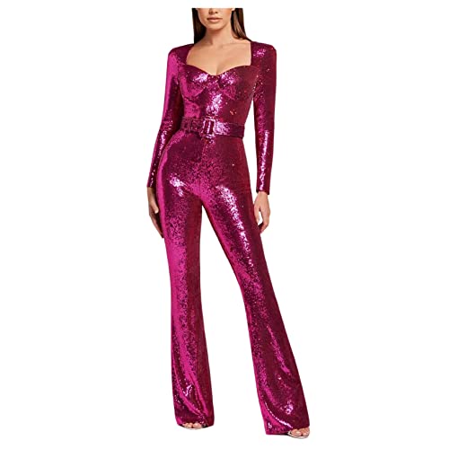 Qiribati Frauen Langschläfe Pailletten Jumpsuit Hochzeit Pant Suits Gürtel Strampler Insgesamt von Qiribati