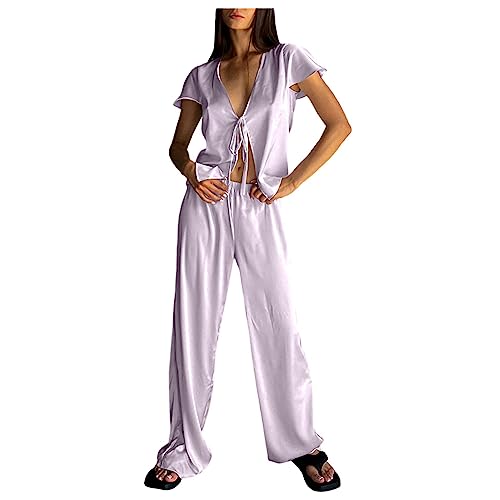 Qiribati Frauen Pyjamas Set Schnürausschnitt mit Hosen 2-teiliger Satin-Pyjamas Pj Set Loose Spule Naitor von Qiribati