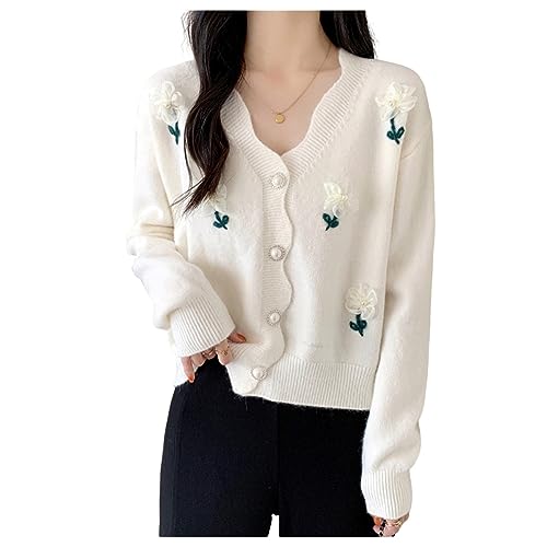 Qiribati Womens Casual Cardigan Pullover Mantel Perlenknopf Offene Strickjacken Top Blume Langarm von Qiribati