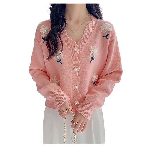 Qiribati Womens Casual Cardigan Pullover Mantel Perlenknopf Offene Strickjacken Top Blume Langarm von Qiribati