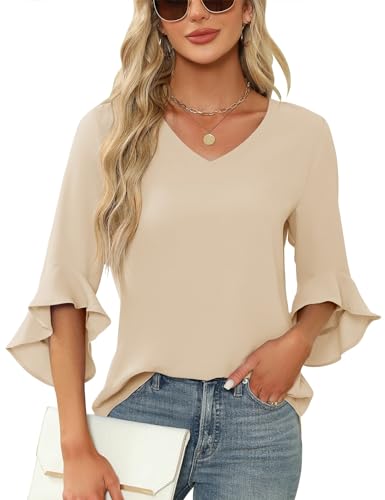 Qirno Chiffon-Blusen für Damen, Rüschen, 3/4-Ärmel, elegant, V-Ausschnitt, lässig, fließend, Tunika-Oberteil, aprikose, Groß Qirno Chiffon-Blusen für Damen, Rüschen, 3/4-Ärmel, elegant, V-Ausschnitt, lässig, fließend, Tunika-Oberteil, aprikose, Groß von Qirno