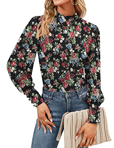 Qirno Damen Stehkragen Puff Langarm Tops Casual Lose Solid Basic T-Shirt Knopfleiste Pullover Shirts Bluse, Black Red Floral, X-Groß von Qirno