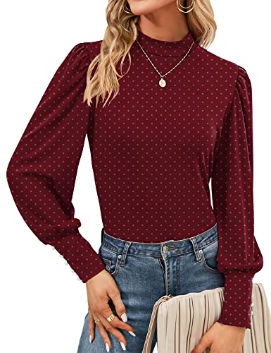 Qirno Damen Stehkragen Puff Langarm Tops Casual Lose Solid Basic T-Shirt Knopfleiste Pullover Shirts Bluse, Burgunderrote Tupfen, XX-Large von Qirno