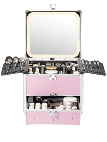 Qislee Make-up-Box mit Schublade und abnehmbarem beleuchtetem Spiegel, wasserdichter Reisekoffer, Kosmetik-Organizer und Make-up-Koffer mit verstellbaren Trennwänden, magnetischem LED-Spiegel (ICY von Qislee
