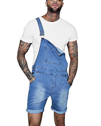 QitunC Kurze Latzhosen Für Herren Zerrissene Jeans Overalls Sommer Arbeitshose Jumpsuit Shorts Hellblau L von QitunC