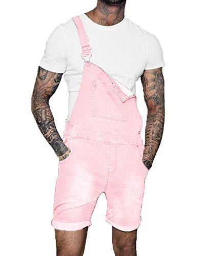 QitunC Kurze Latzhosen Für Herren Zerrissene Jeans Overalls Sommer Arbeitshose Jumpsuit Shorts Pink M von QitunC