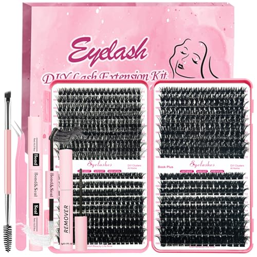 Qiveaory DIY Fluffy Wimpern Extensions Kit 630 pcs Einzelne Thick Wimpern Cluster D Curl mit Wimpernkleber und Sealer,Klebereste Entferner for Lashes,Pinzette Pinsel(10-18 mm, 60D+80D+100D+150D) von Qiveaory