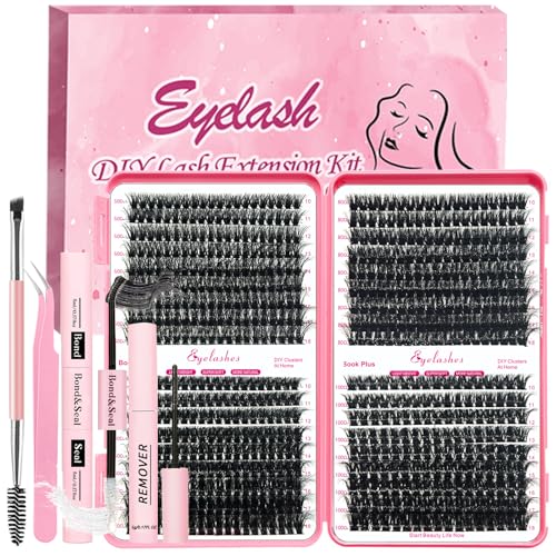 Qiveaory DIY Fluffy Wimpern Extensions Kit 684 Pcs Einzelne Thick Wimpern Cluster D Curl mit Wimpernkleber und Sealer, Klebereste Entferner for Lashes, Pinzette Pinsel (10-18 mm, 50D+60D+80D+100D) von Qiveaory