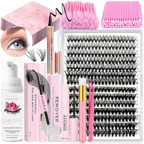 Qiveaory DIY Wimpern Extensions Kit 280Pcs Einzelne Wimpern Cluster 30+40D 12-18mm mit Kleber und Sealer Kleber Entferner Eyeliner WimpernShampoo Brush Wimpern Pinsel Wimpern Pinzette Mini Applikator von Qiveaory