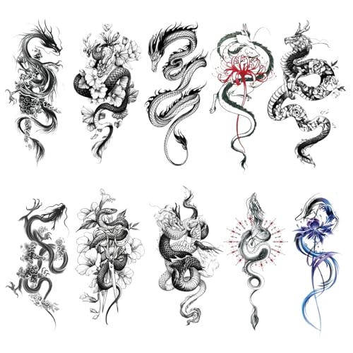 Qiwenr 10 Blätter Schwarz Drache Tattoos Erwachsene, Klebe Tribal Totem Wasserdichte Tattoo, Temporäre Schlange Drachen, Männer Dragon, für Halloween, Party, Musikfestival (Dragon) von Qiwenr