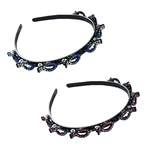 Qiwenr 2 Pcs Haarband Mit Twist, Haarband Mit Clips, Haarreif Mit Strasssteinen Gebrochenes Haar, Twist Clip Stirnband, Hair Twister Haarreifen(Blau + Einzelne Blume in sieben Farben) von Qiwenr