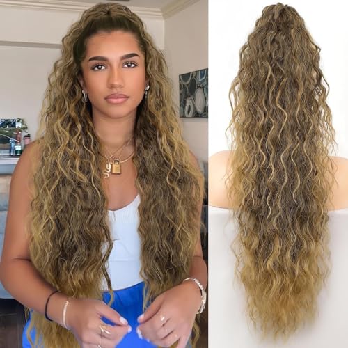 Clip In Extensions Pferdeschwanz, Klauen Clip Haarverlängerungen für Frauen, Synthetische Lange Haarteile mit Kordelzug, Lockiges Wellenhaarteil, Weiche Natürliche - Täglichen Gebrauch(08#,26in(66cm)) von Qixfyze