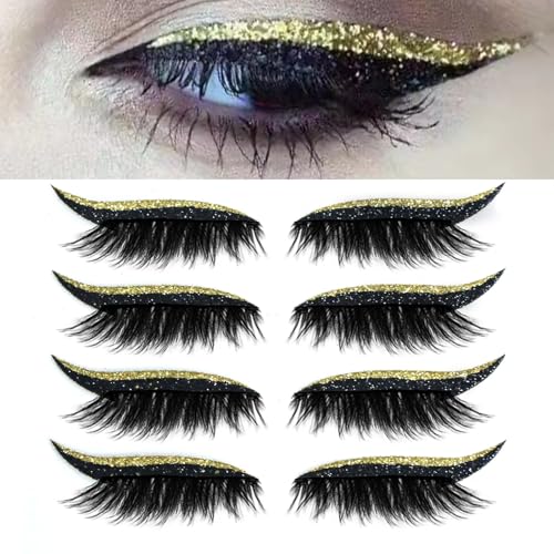 Lazy Eye Shadow Eyelash Patch, 4 Paar Lazy Eyeshadow Wimpernpatch, 2-in-1 Wiederverwendbare Lidschatten- und Wimpern Make-up Aufkleber, Natürlich und Wasserfest für Party Abschlussball(4 pairs of gold von Qixfyze