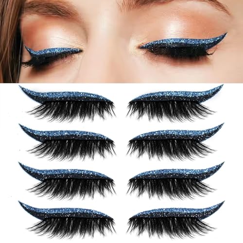 Lazy Eye Shadow Eyelash Patch, 4 Paar Lazy Eyeshadow Wimpernpatch, 2-in-1 Wiederverwendbare Lidschatten- und Wimpern Make-up Aufkleber, Natürlich und Wasserfest für Party Abschlussball(4 pairs of blue von Qixfyze
