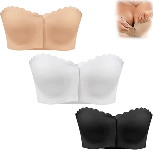 Nahtloser, Trägerloser Bandeau-BH Mit Frontverschluss, Solider, Rutschfester Push-up-BH Mit Muschelsaum Und Transparentem(3pcs Mix,L) von Qixfyze