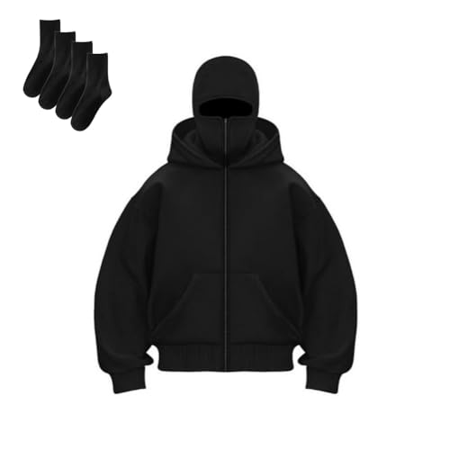 Qixfyze Balaclava Doppelkapuzen-Masken-Hoodie Mit Maske, Unisex-Sweatshirt, Windabweisender Sportmantel, Masked Series(Balck,M) von Qixfyze