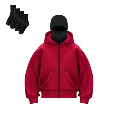 Qixfyze Balaclava Doppelkapuzen-Masken-Hoodie Mit Maske, Unisex-Sweatshirt, Windabweisender Sportmantel, Masked Series(Red-Black,XXL) von Qixfyze