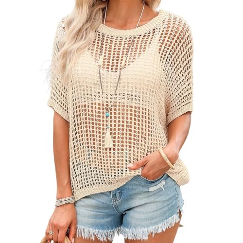 Qixfyze Damen Sommerpullover mit U-Ausschnitt und Kurzen Ärmeln, Lässig Gehäkelt Ausgehöhlt Strickoberteile, 2025 Strandurlaub, Trendige Netzkleidung(Apricot,XXL) von Qixfyze