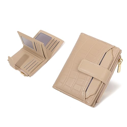 Qixfyze Kompakte Einfarbige Damen Geldbörse, RFID-blockierendes, Zweifach Faltbares Kartenetui aus Weichem Leder mit Münzfach mit Reißverschluss(Apricot) von Qixfyze