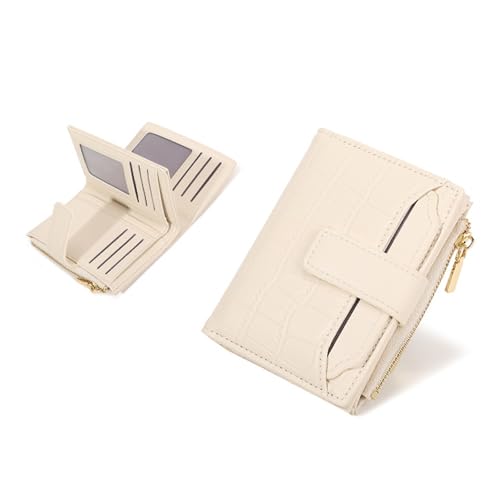 Qixfyze Kompakte Einfarbige Damen Geldbörse, RFID-blockierendes, Zweifach Faltbares Kartenetui aus Weichem Leder mit Münzfach mit Reißverschluss(Beige White) von Qixfyze