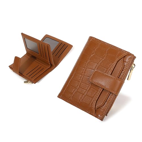 Qixfyze Kompakte Einfarbige Damen Geldbörse, RFID-blockierendes, Zweifach Faltbares Kartenetui aus Weichem Leder mit Münzfach mit Reißverschluss(Braun) von Qixfyze