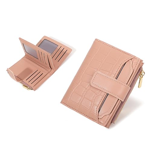 Qixfyze Kompakte Einfarbige Damen Geldbörse, RFID-blockierendes, Zweifach Faltbares Kartenetui aus Weichem Leder mit Münzfach mit Reißverschluss(Pink) von Qixfyze