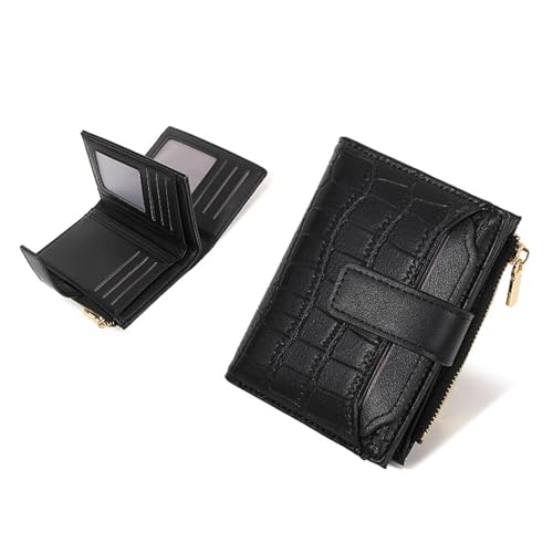 Qixfyze Kompakte Einfarbige Damen Geldbörse, RFID-blockierendes, Zweifach Faltbares Kartenetui aus Weichem Leder mit Münzfach mit Reißverschluss(Schwarz) von Qixfyze