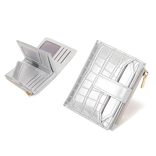 Qixfyze Kompakte Einfarbige Damen Geldbörse, RFID-blockierendes, Zweifach Faltbares Kartenetui aus Weichem Leder mit Münzfach mit Reißverschluss(Silver) von Qixfyze