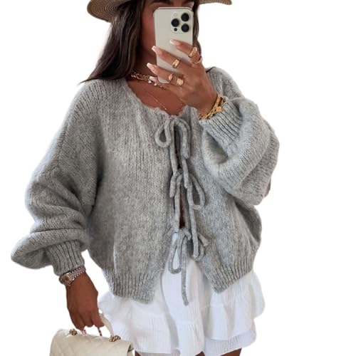 Qixfyze Pullover mit Bindeband Vorne, Strickpullover Mit Fliege Vorne for Damen, Übergroßer, Dicker, Kurzer Cardigan for Damen - Lange Ärmel(Gray,Small) von Qixfyze