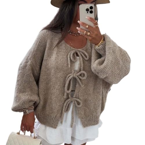 Qixfyze Pullover mit Bindeband Vorne, Strickpullover Mit Fliege Vorne for Damen, Übergroßer, Dicker, Kurzer Cardigan for Damen - Lange Ärmel(Khaki,XL) von Qixfyze