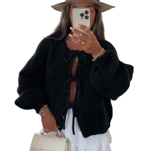 Qixfyze Pullover mit Bindeband Vorne, Strickpullover Mit Fliege Vorne for Damen, Übergroßer, Dicker, Kurzer Cardigan for Damen - Lange Ärmel(Schwarz,Small) von Qixfyze