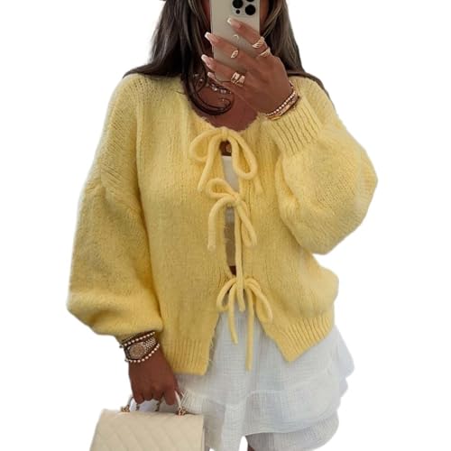 Qixfyze Pullover mit Bindeband Vorne, Strickpullover Mit Fliege Vorne for Damen, Übergroßer, Dicker, Kurzer Cardigan for Damen - Lange Ärmel(Yellow,Small) von Qixfyze