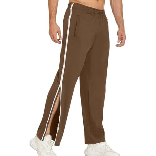 Reha Hose Damen Herren Trainingshose Mit Durchgehendem Reissverschluss Jogginghose Abreißhose Locker Lässig Sportswear Mit Tasche Seitlich Zu Öffnen Baggy Am Bein Weites Bein(Light brown,Large) von Qixfyze