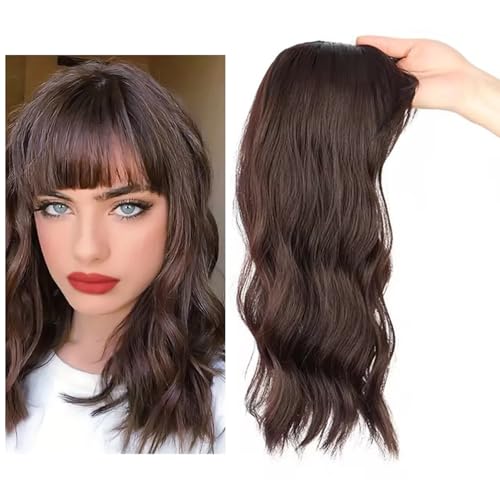 Umailhair Wellige natürliche Haaraufsätze mit Pony for Frauen, einteiliges Clip-in-Haarteil, Haaraufsätze for Frauen mit dünner werdendem Haar(3#,35cm - 14 Inch) von Qixfyze