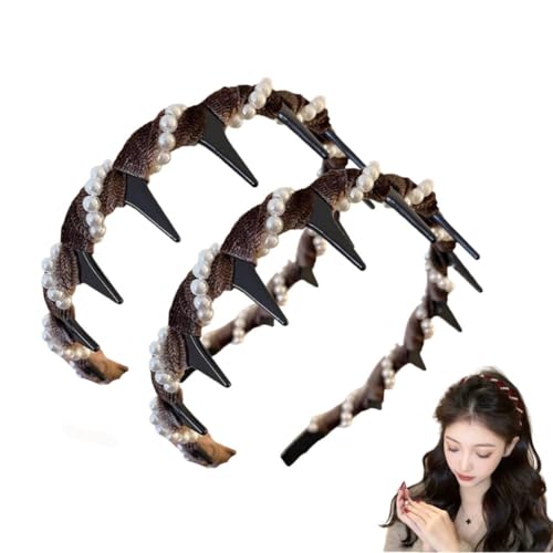 Vintage-Haarband Mit Hohem Schädel Und Kunstperlen, Elegante, Rutschfeste Zickzack-Stirnbänder, Haarreifen for Brauthochzeiten Mit Strasssteinen, Glitzernde Party-Haarbänder for Damen(2pcs Brown) von Qixfyze
