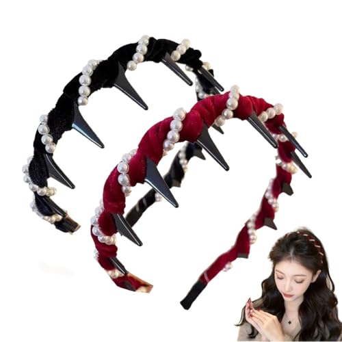 Vintage-Haarband Mit Hohem Schädel Und Kunstperlen, Elegante, Rutschfeste Zickzack-Stirnbänder, Haarreifen for Brauthochzeiten Mit Strasssteinen, Glitzernde Party-Haarbänder for Damen(Red+Black) von Qixfyze