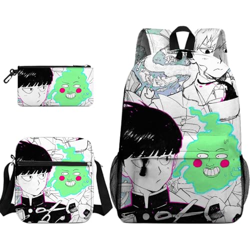 Qixiaan 3 x Anime Kageyama Shigeo Rucksack Reigen Arataka Schultasche/Federmäppchen/Umhängetasche, 3D-gedruckter Rucksack, Schreibwaren-Organizer für Jungen und Mädchen, Typ8, Einheitsgröße von Qixiaan