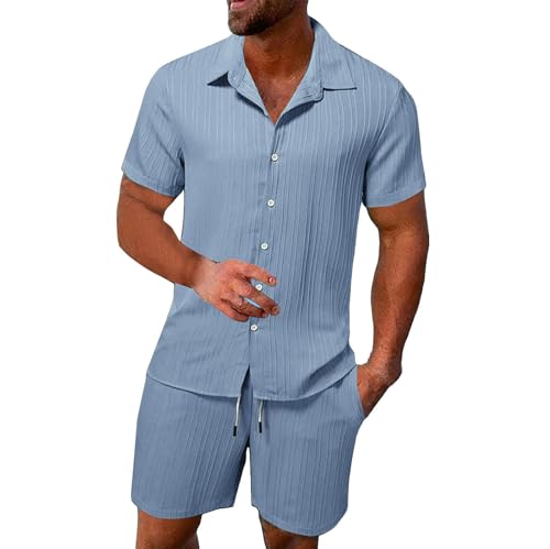 2 Teiler Herren Leinenanzug Einfarbig Zweiteiler Kurz Button-Up Revers Hemd und Shorts Beach Shirt Kurze Hose Set Strand Festival Klamotten Herren Leinen Anzug Leicht Mode Leinen Set von Qixiu