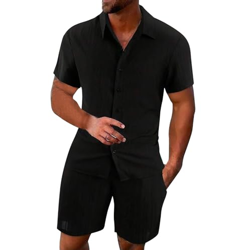 2 Teiler Herren Leinenanzug Einfarbig Zweiteiler Kurz Button-Up Revers Hemd und Shorts Beach Shirt Kurze Hose Set Strand Festival Klamotten Herren Leinen Anzug Leicht Mode Leinen Set von Qixiu