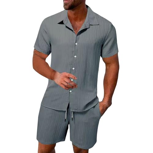 2 Teiler Herren Leinenanzug Einfarbig Zweiteiler Kurz Button-Up Revers Hemd und Shorts Beach Shirt Kurze Hose Set Strand Festival Klamotten Herren Leinen Anzug Leicht Mode Leinen Set von Qixiu